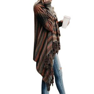 Women's Open Front Knited Tassels Slash Loose Cardigan Crew Neck Speckled Fringe